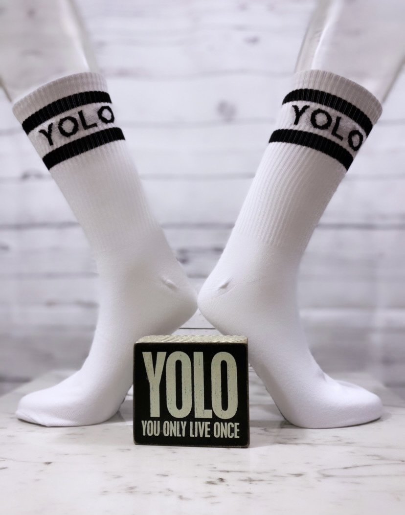 YOLO FITTED ”YOLO" DOUBLE STRIPED WHITE CREW SOCKS - Yolofitted