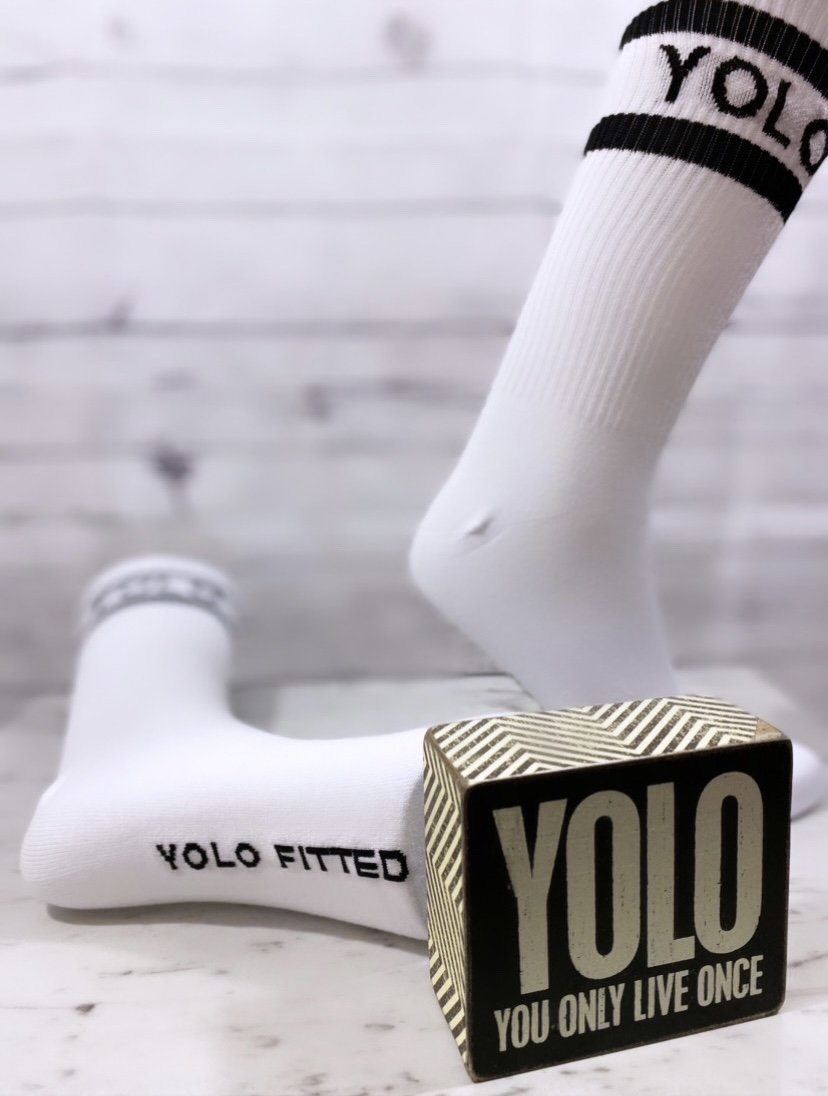 YOLO FITTED ”YOLO" DOUBLE STRIPED WHITE CREW SOCKS - Yolofitted