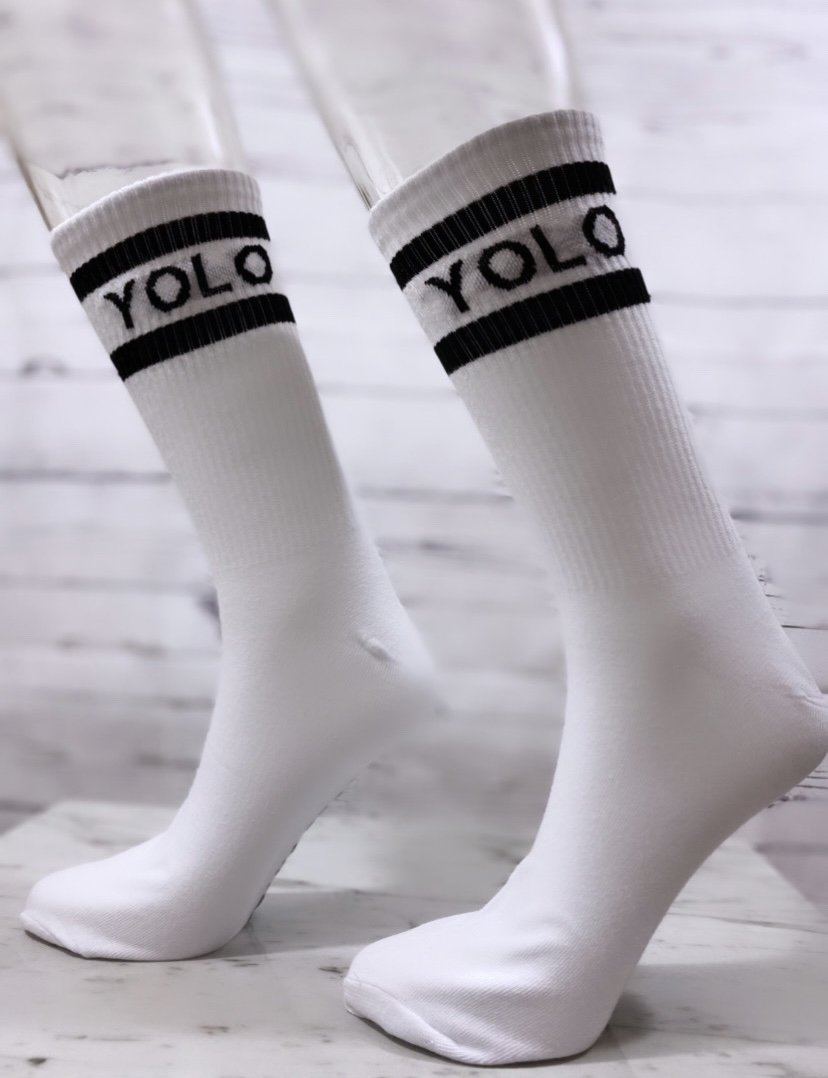 YOLO FITTED ”YOLO" DOUBLE STRIPED WHITE CREW SOCKS - Yolofitted