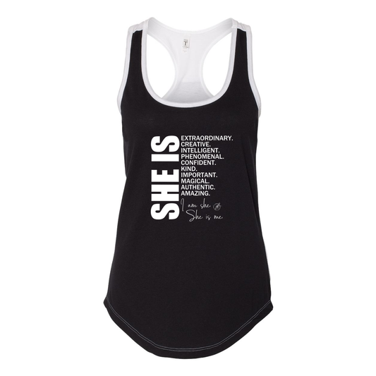 YOLO FITTED'S "SHE IS....." RACER BACK TANK