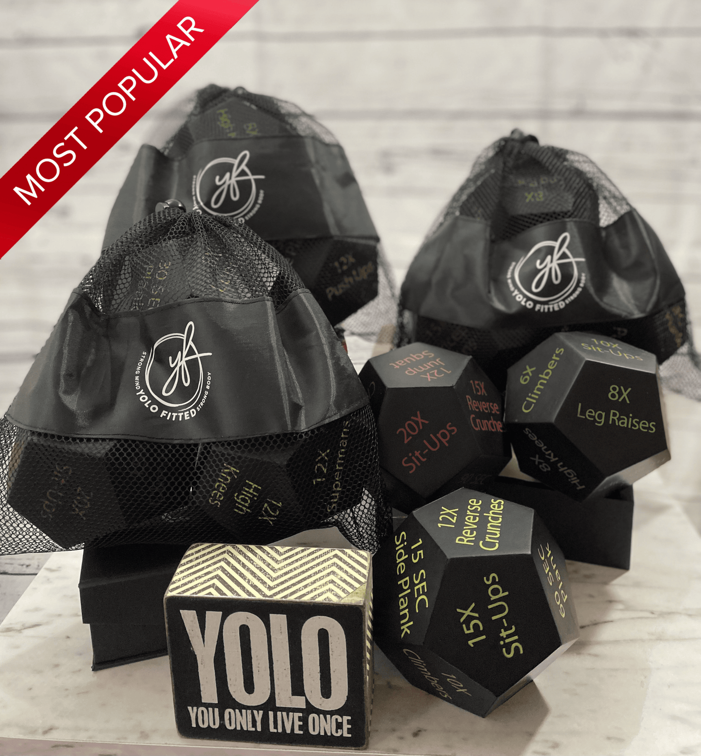 YOLO FITTED FULL Body HIIT WORKOUT FITNESS DICE WITH MESH BAG - Yolofitted
