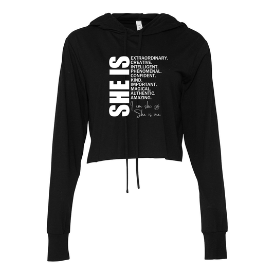 YOLO FITTED'S "SHE IS....." LS CROPPED HOODIE