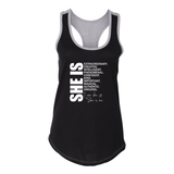 YOLO FITTED'S "SHE IS....." RACER BACK TANK