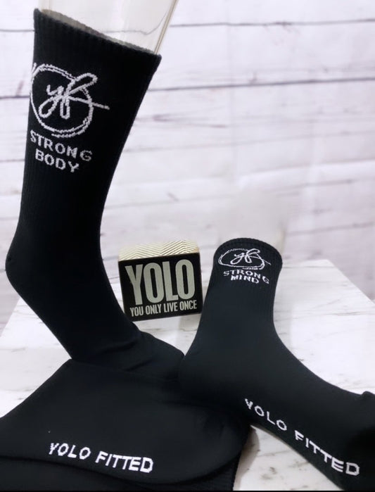 YOLO FITTED "STRONG MIND, STRONG BODY" BLACK CREW SOCKS - Yolofitted